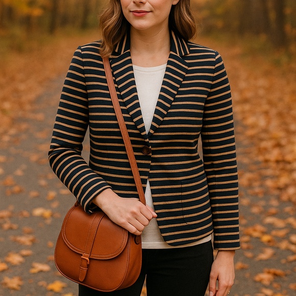 J. Crew Navy and Tan Striped Blazer with Brown Bag - Picture 1 of 7